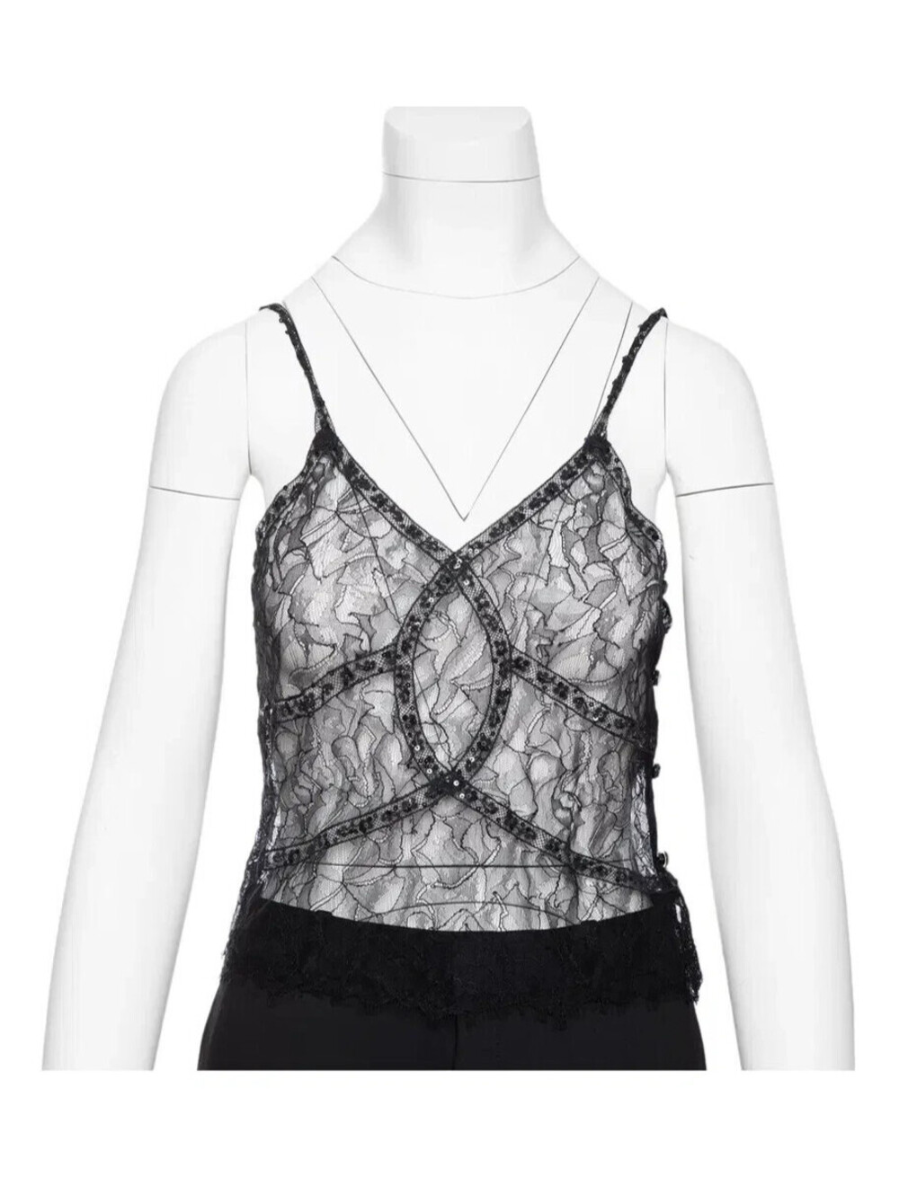 Vintage Chanel 2000 Black Sequin Trim Floral Lace Cami Top 00T FR-36 Small